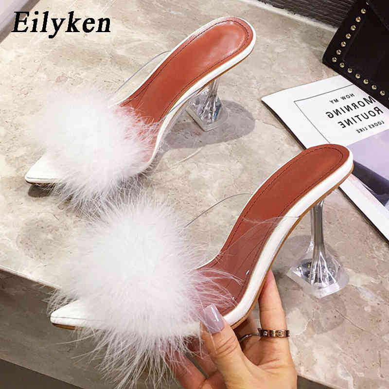 

Eilyken Summer Woman Pumps PVC Transparent Feather Perspex Crystal High Heels Fur Peep Toe Mules Slippers Ladies Slides Shoes K78, Black