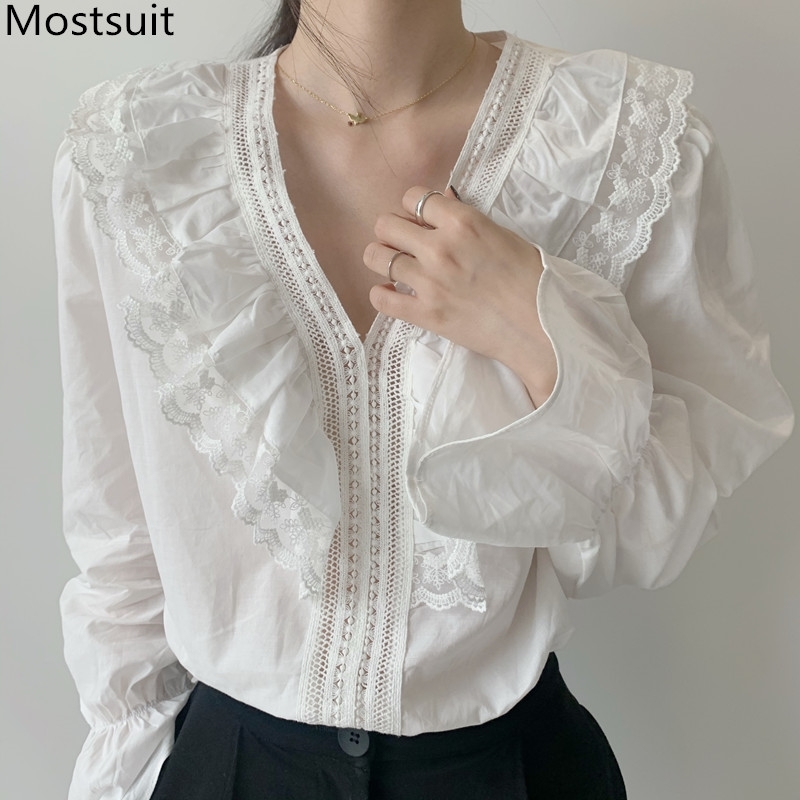 

Spring Autumn Korean Lace Ruffles Blouses Tops Women Flare Sleeve V-neck Fashion Casual Elegant Female Blusas Mujer 210518, White