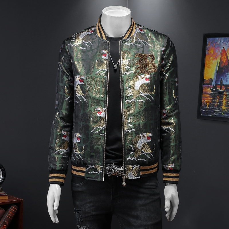 

mens jacket 2023 spring and autumn new jacquard embroidery tide stand collar handsome baseball uniform top S-4XL, Army green