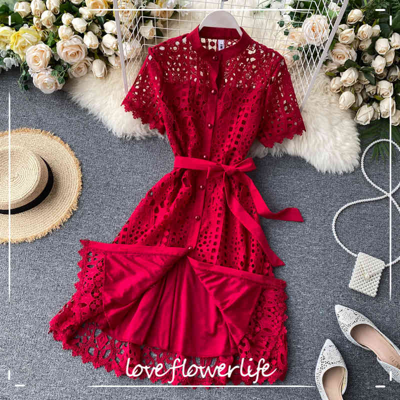 

LoveFlowerLife Solid Lace Evening Party Dress Solid Bandage Hollow Out Sexy Fashion Women Dress Bow High Waist Summer Dresses 210521, Red