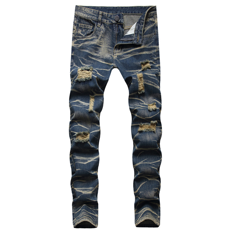 

Men Ripped Slim Fit Jeans Hole Destroyed Skinny Straight Leg Washed Frayed Motocycle Denim Pants Hip Hop Stretch Biker Men's Distressed Trousers YK9208-1, 9205