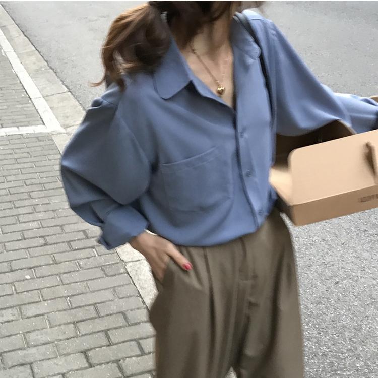 

Women's Blouses & Shirts Retro Hong Kong Chic Light Purple Blouse Silky Drape Long-sleeved Solid Minimalist Women Casual Shirt, White