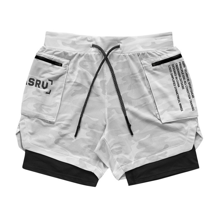 

Casual Shorts Asrv Men's Double Deck Running Sport Camouflage Gym Fitness Workout Bermuda Bodybuilding Quick Dry Male Short Pants, White;black