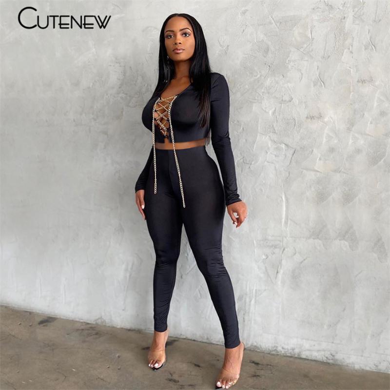 

Women's Two Piece Pants Cute Solid Sports Set Women Outfit Long Sleeve Bandage Crop Top+High Waist Skinny Casual Lady High Streetwear, White