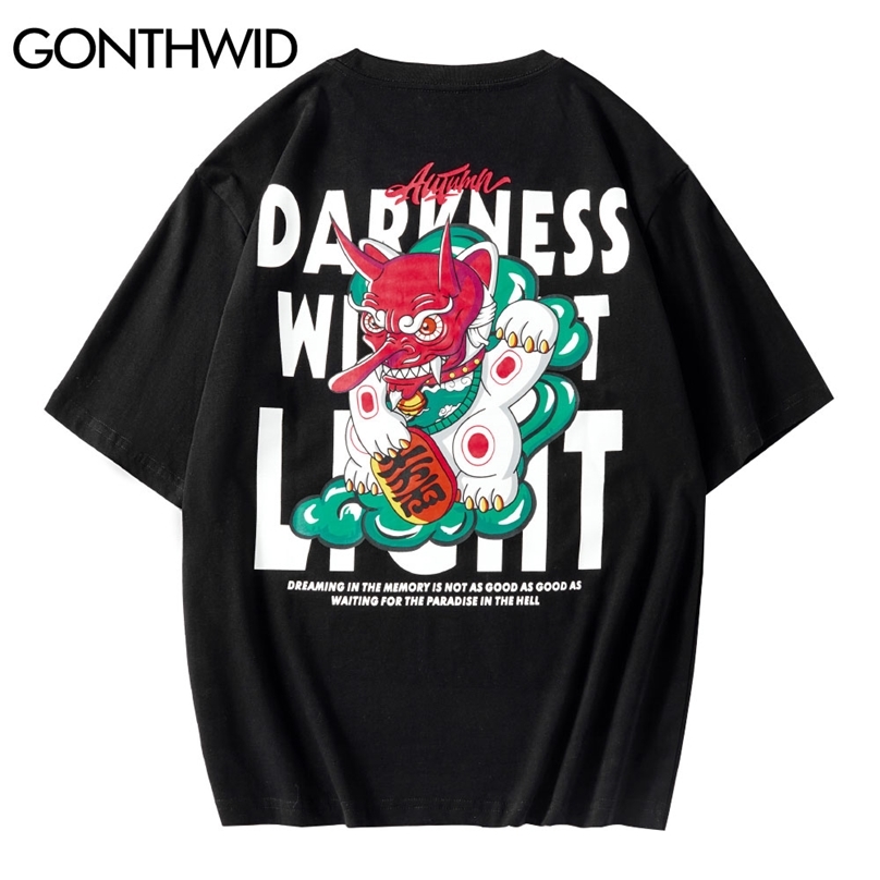 

Tshirts Men Hip Hop Casual Streetwear Cartoon Devil Print Short Sleeve Cotton T-Shirts Loose Fashion Harajuku Tees Tops 210602, Black