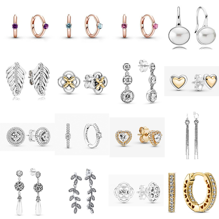 

NEW 2021 100% 925 Sterling Silver Pearl Gems Ear Studs Fit DIY Original Bracelet Fshion Jewelry Gift