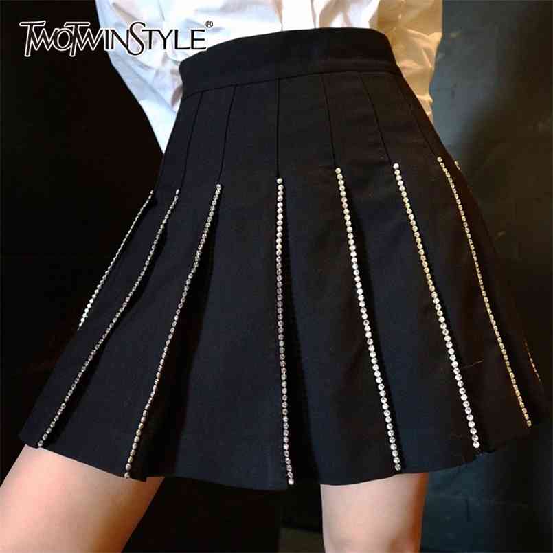 

Black Patchwork Diamond Skirt For Women High Waist Pleated Mini Skirts Female Fashion Clothing Autumn 210521, White