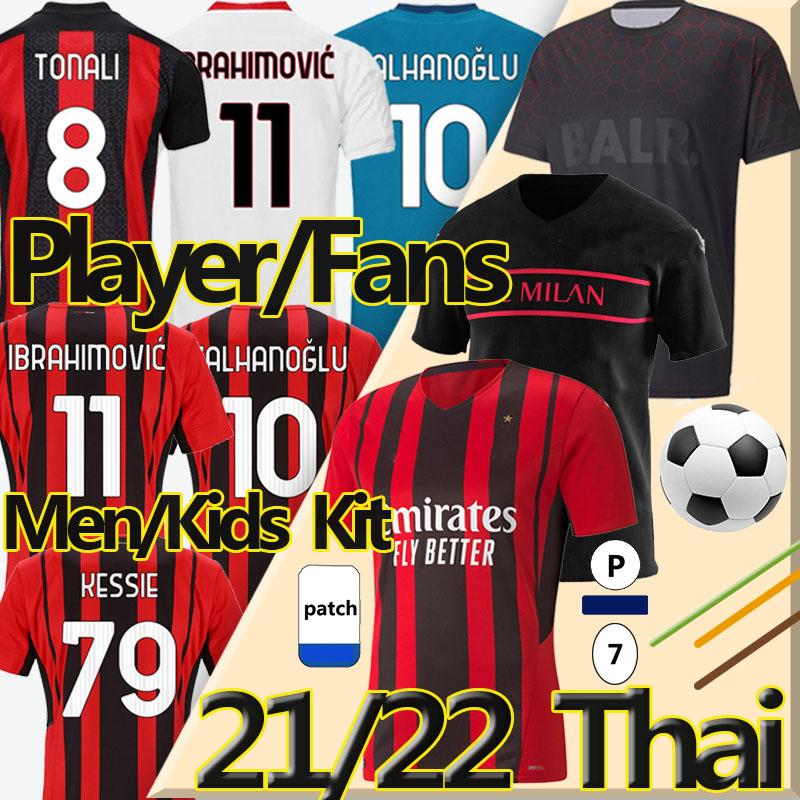 

21/22 Fans Player Version AC Soccer milan BALR. jerseys 2021 IBRAHIMOVIC TONALI Mandzukic Kessie Men kid Kits football Training shirts, Black;yellow