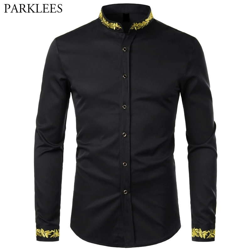 

Gold Embroidery Shirt Mens Stand Collar Brand Men Long Sleeve Casual Slim Fit Men Dress Shirts Fashion Prom Party Mens Chemise 210524, Light blue