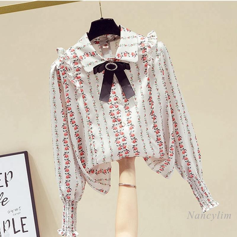 

Women' Blouses & Shirts 2021 Spring Floral Print Butterfly Bow Tie Shirt All-Match Chiffon Top Lady Long Sleeve Blusas, Picture color