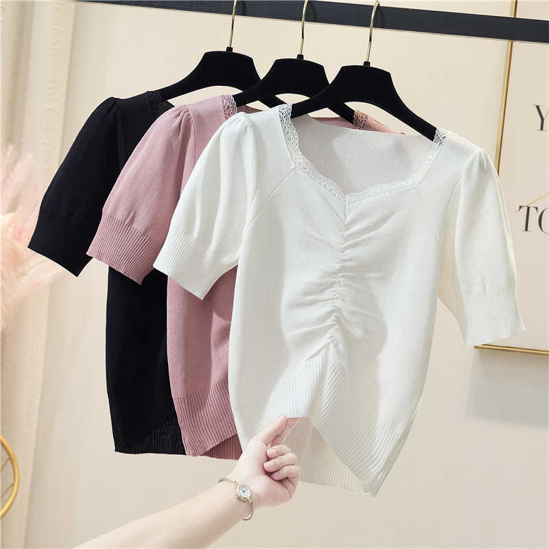 

Thin Knitted T Shirt Women Clothes Summer Woman Short Sleeve Tees Tops sexy Casual T-Shirt Female Oversized sweater 210604, Black