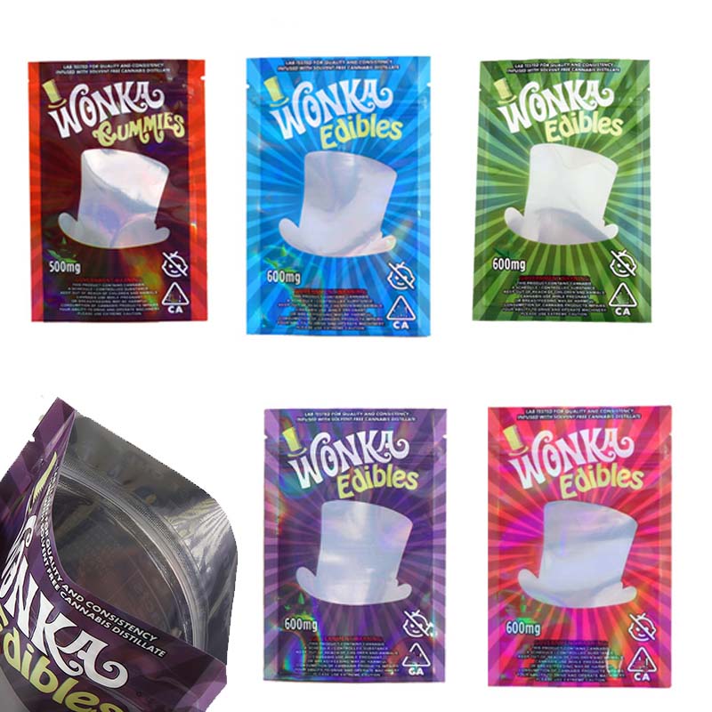 

5 Styles WonkaEdibles Bag Hologram Zipper Flowers Candy Gummies Bag Mylar Baggie With Empty Display Window
