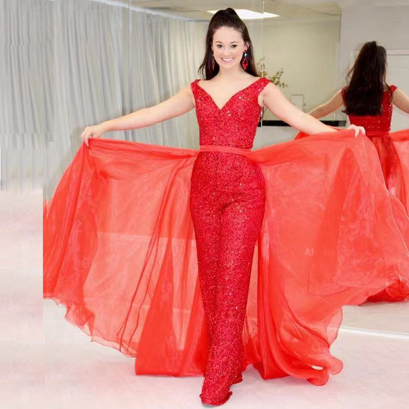 

Sparkly Sequin Jumpsuit Prom Dresses V Neck Chiffon Detachable Train Pageant Gowns 2021 Ankle Length Party Outfit, Sage