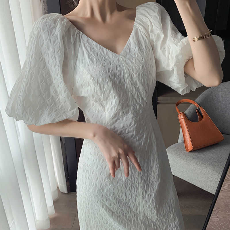 

Elegant White Long Dres French Vintage Office Lady Puff Sleeve Female Chic Wedding Evening Korean Style 210604, White long dress