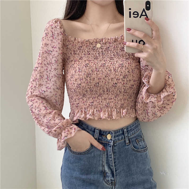 

Vintage Ruffles Long Sleeve Blouse Women Short Designer Chiffon Fairy Top Elegant Casual Lady Spring Sexy Party Clothes 210604, Black blouse