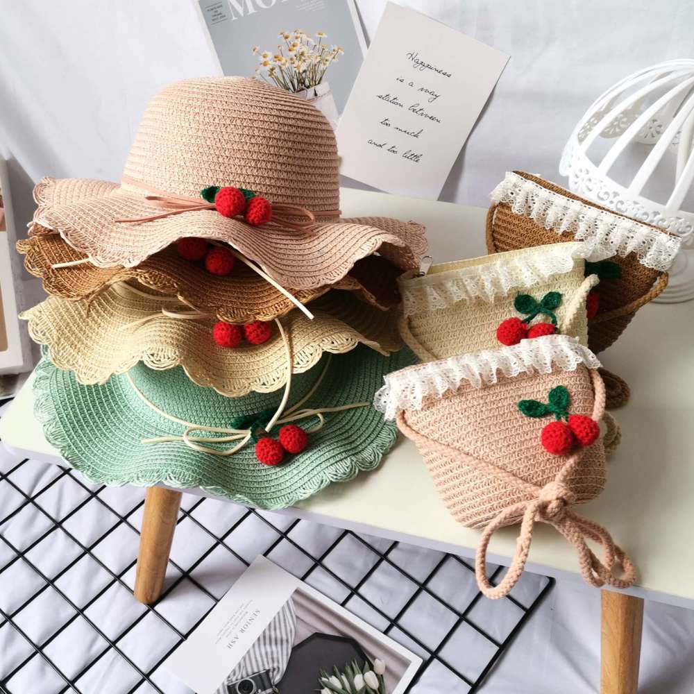 

Children's Sun Hat Girls cherry bag hat set lovely princess Summer Beach sun, Yellow