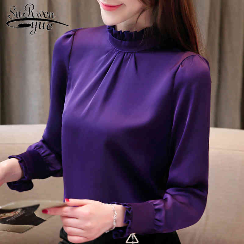 

Autumn Solid Silk Long Sleeve Tops Women Korean Style Blusas Mujer De Moda Office Work Blouse 5713 50 210521, Red
