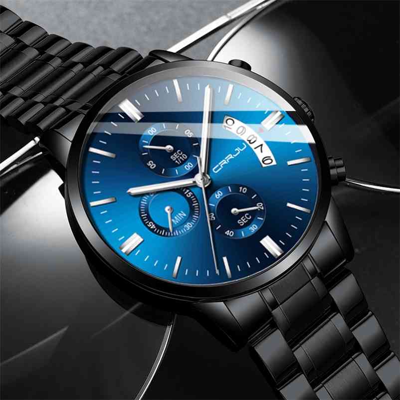 

Top Brand CRRJU Men Watches Fashion Blue Stainless Steel Waterproof Sport Watch Quartz Clock Male Chronograph Reloj Hombre 210608, Black blue silver