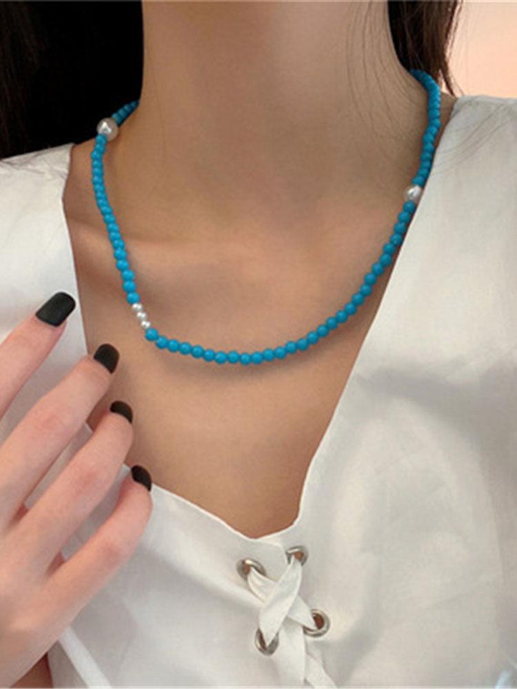 

Chains Personality Green Blue Bead Choker Necklace For Women Girl Metal Pearl Charm Pendant Necklaces Party Jewelry Collares