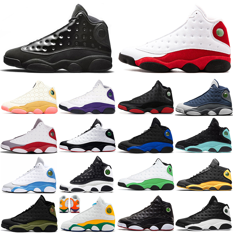 

13s 13 Basketball shoes Jumpman men Black Cat Hyper Royal LUCKY GREEN Dirty Bred olive Cap and Gow Flint outdoors Trainers sneakers sports size 40-46, Grey toe