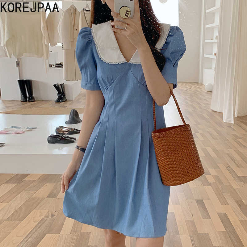 

Korejpaa Women Dress Summer Korean Gentle Retro Double-Layer Doll Collar Lace Stitching Pleated Puff Sleeve Denim Vestidos 210526, Black