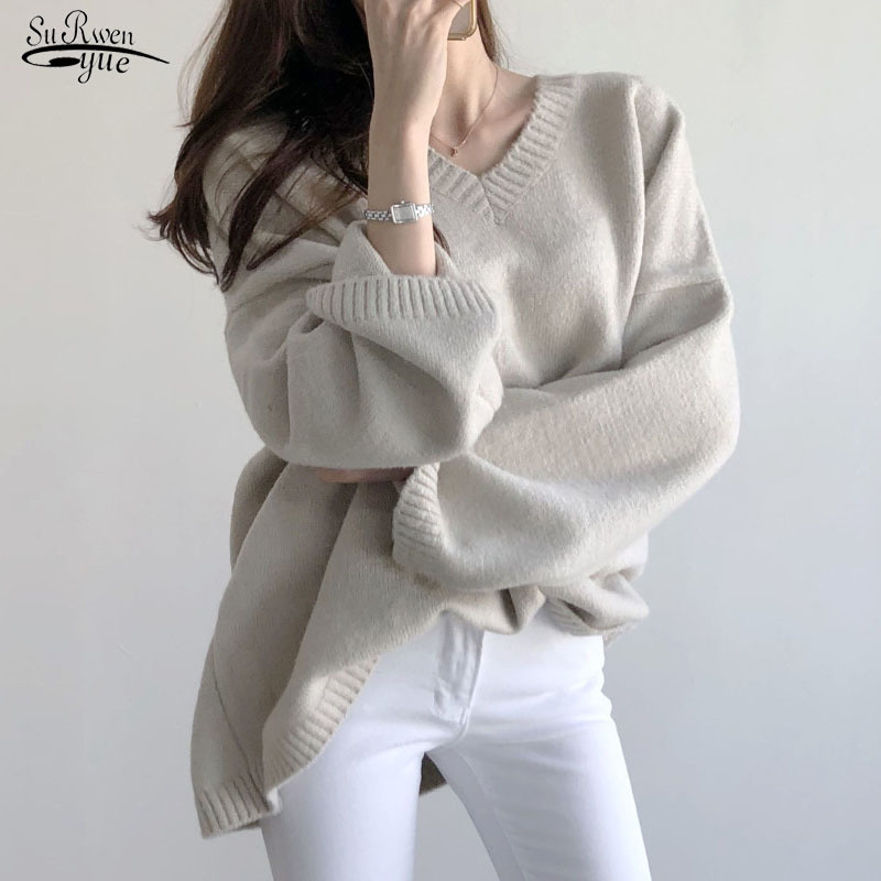 

Autumn Winter Plus Size Knitted Sweater Women Loose V-neck Pullover Casual Vintage White Jumper 11124 210521, Apricot