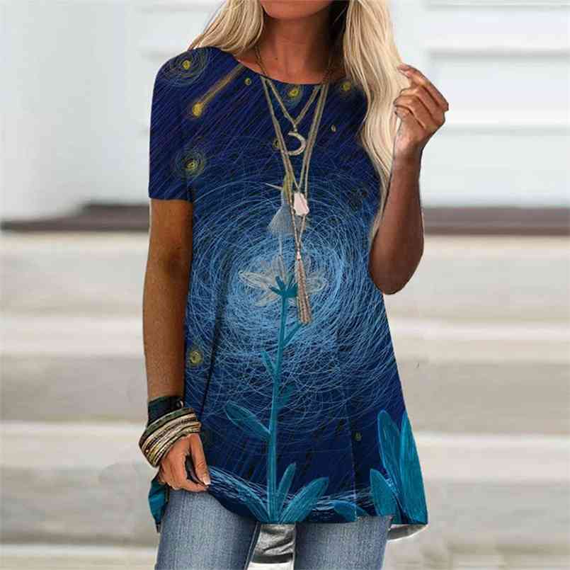 

Summer Fashion Women' Short Sleeve Digital Printed T-shirt Loose Casual Pullover Star Flower Print Plus Size -5XL 210708, Blue