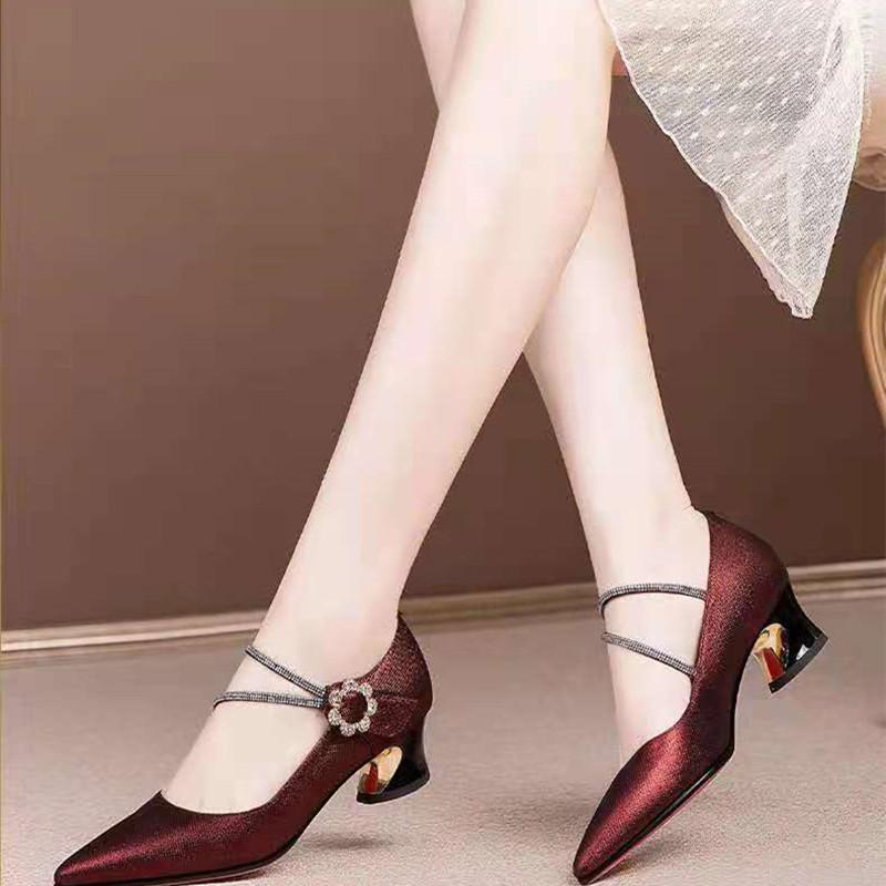 

Dress Shoes Women Classic High Quality Wine Red Buckle Strap Party Heel Lady Cool Navy Blue Summer Heels Zapatos Dama B9197