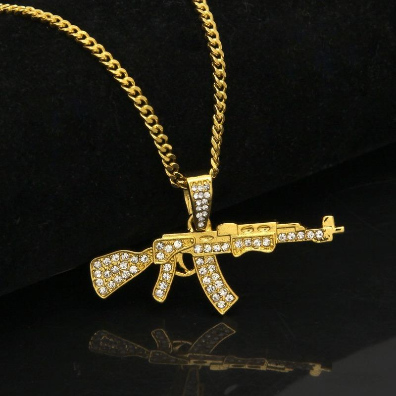 

Men Women Hip Hop Bling Submachine Gun Pendant Necklace With 13mm Cuban Chain HipHop Necklaces Fashion Jewelry Gothic Choker Chains, Silver