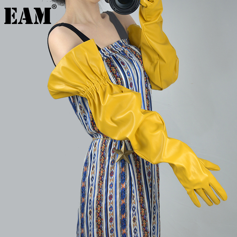 

EAM Women Yellow Lantern Sleeve Long Gloves New Pu Leather Personality Fashion Tide All-match 2021 Autumn Winter 1DC977g