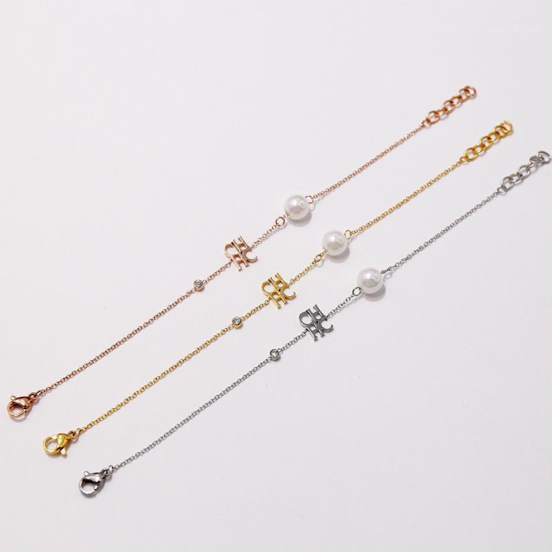 

Link, Chain High Quality Stainless Steel Letter Pearl Chian Bracelet For Women Fashion Jewelry Gift Female Bracelets On Hand Accessories, Black