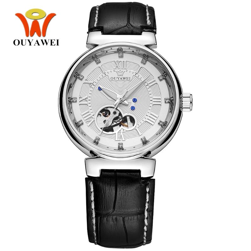 

Wristwatches OYW Luxury Silver White Watch Mens Male Automatic Self Wind Dress Leather Band Business Fashion Wristwatch Hombre Relogios, Gold