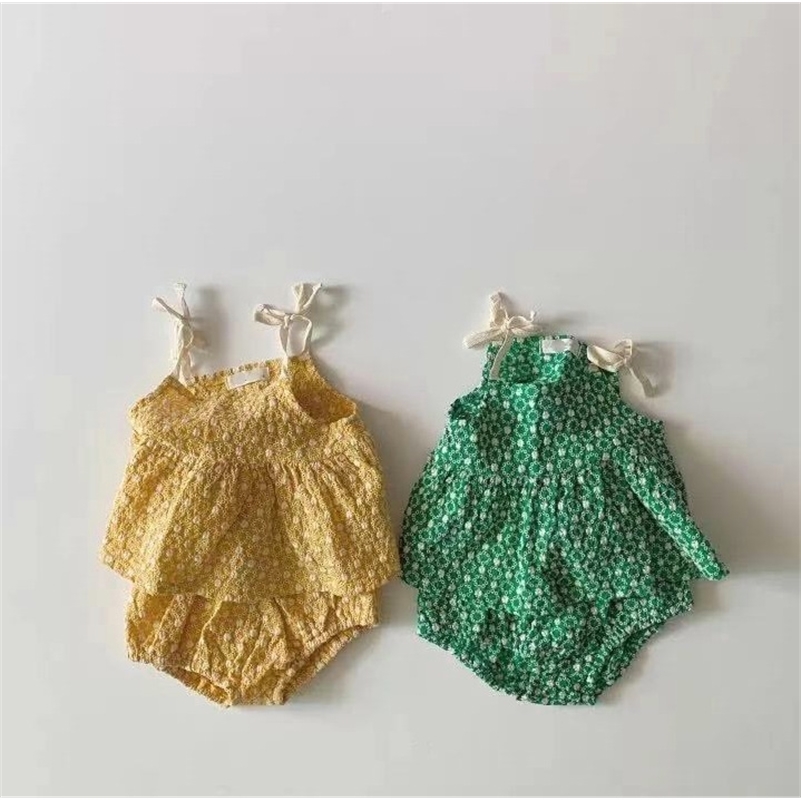 

Baby girls cute daisy embroidery outfits cotton sleeveless vest and shorts 2pcs clothes sets 210708, Green