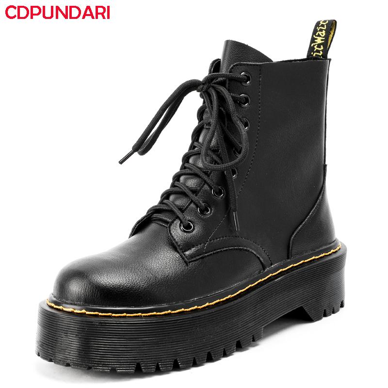 

Boots Black White Genuine Leather Ankle Women Flat Platform Short Ladies Spring Autumn Casual Shoes Bottines Femme