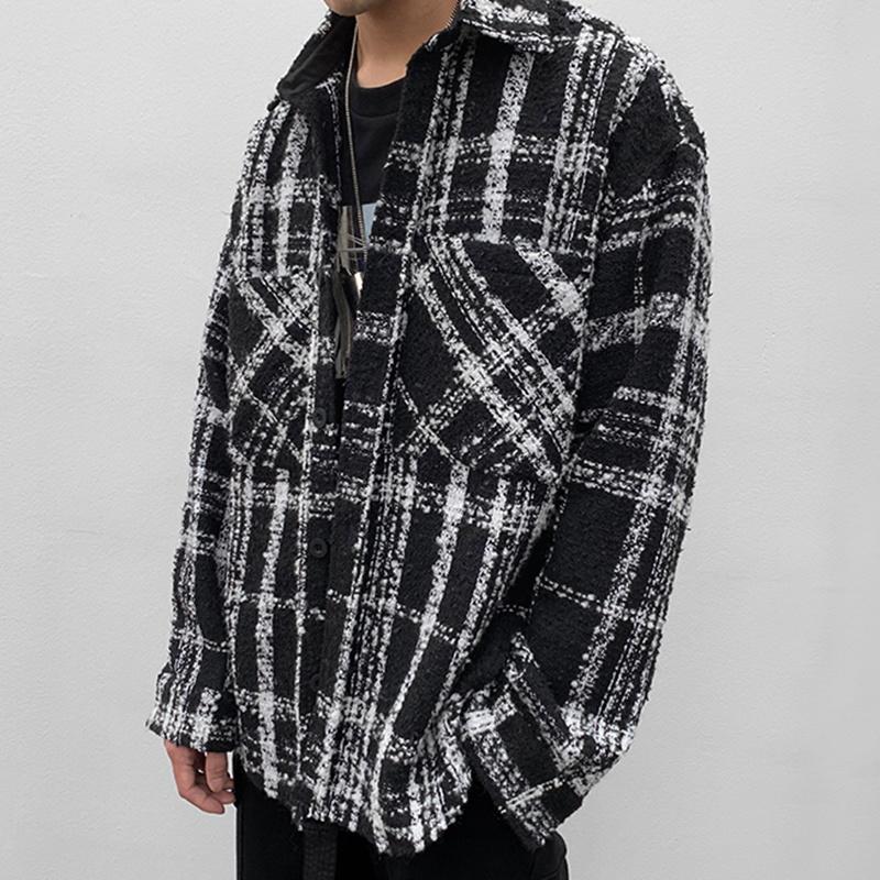 

Men's Casual Shirts Harajuku Lapel Color Block Plaid Men And Women Oversize Streetwear Checkered Shirt Long Sleeve Baggy Thick Lattice, Black