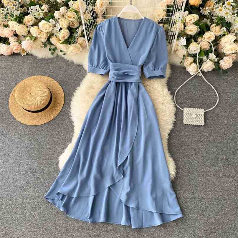 

Women Elegant Dress Summer Sexy V Neck Puff Sleeve Midi es Ladies Casual A-line Slim Vestidos 210525, Green