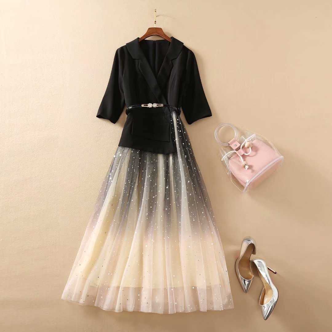 

HIGH QUALITY est Fashion Women' Elegant Black Notched Irregular Patchwork Bling Star Gradient Color Mesh Dress 210526