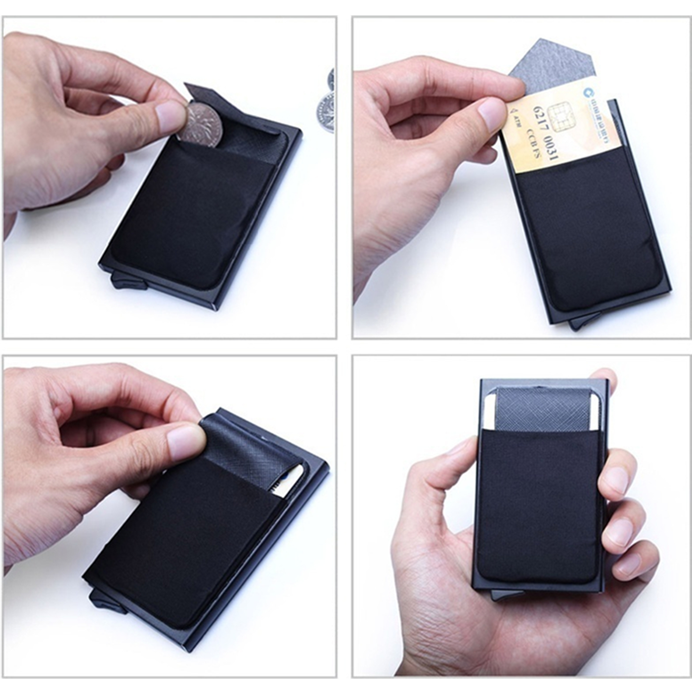 

Customized Box Mini Wallet With Back Pouch Money ID Holder Slim Wallet Automatic up Bank Card Case