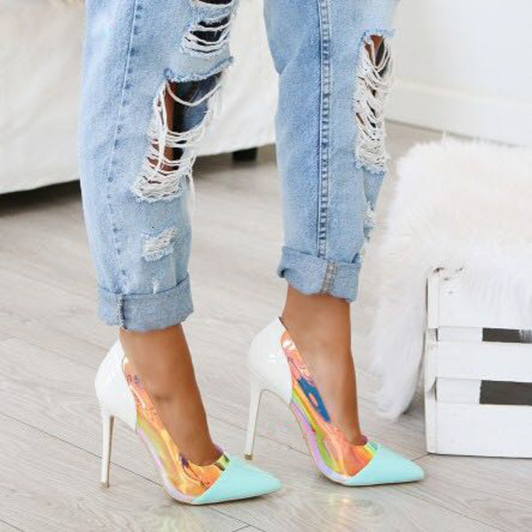 

Slippers Senhoras refletindo bombas de pvc cores misturadas apontou dedo do pé remendado couro salto alto festa rasa deslizamento em stiletto F8JQ, 1# shoe box