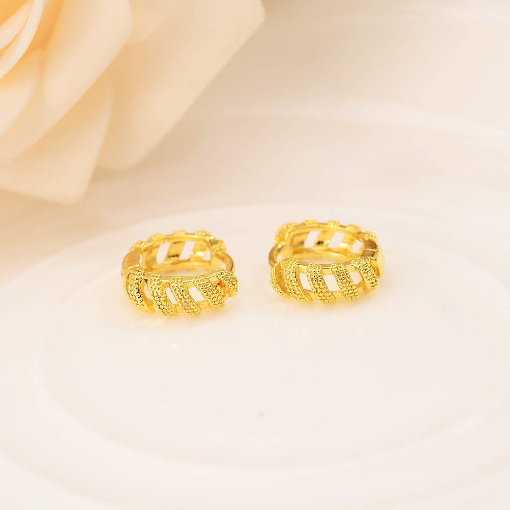 

real 24k yellow fine solid gold earrings gf shiny cane round hoop partition ventilate delicacy jewelry, Golden;silver