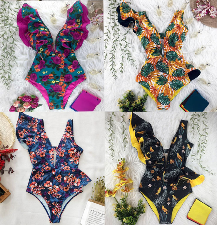 

Newest Sexy Ruffle Print Floral One Piece Swimsuit Off The Shoulder Swimwear Women Solid Deep-V Beachwear Bathing Suit Monkini, Purple