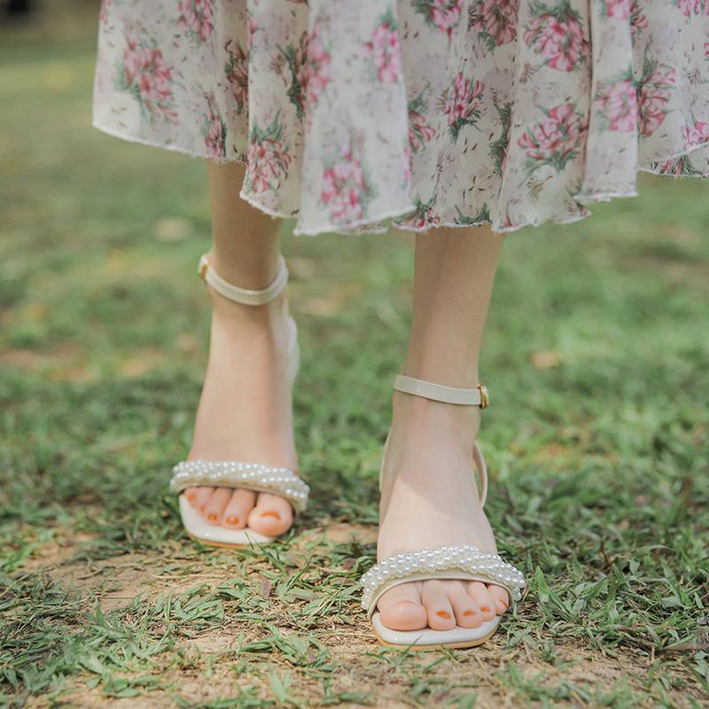 

Mid Heel Rome Shoes Pearl Sweet Ankle Buckle Sandals Summer Pu Leather Dress Women Open Toe Comfy Apricot, Black