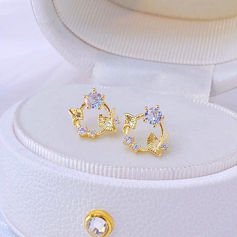 

Stud Trendy 14K Real Gold Plated Ginkgo Round Wreath Earrings For Women Girl Jewelry Zircon S925 Silver Needle Fine Gift, Golden;silver