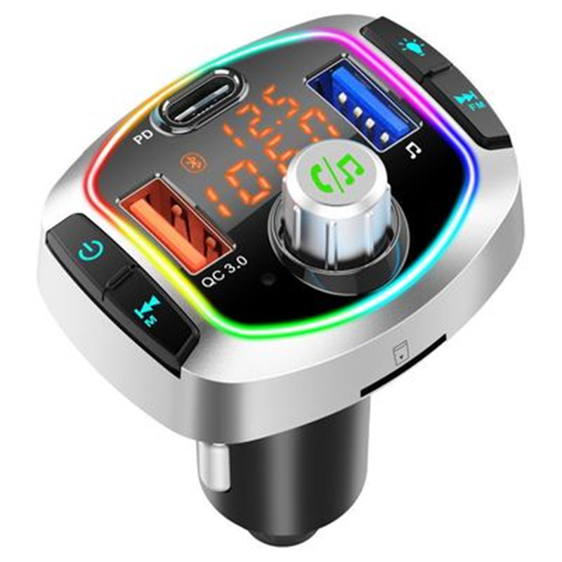 

USB Car Charger Adapter Fast Charging Handsfree Calling FM Transmitter TF Card U Disk MP3 Music Player LED Backlit QC 3.0+PD Type C Quick Charge, Silver