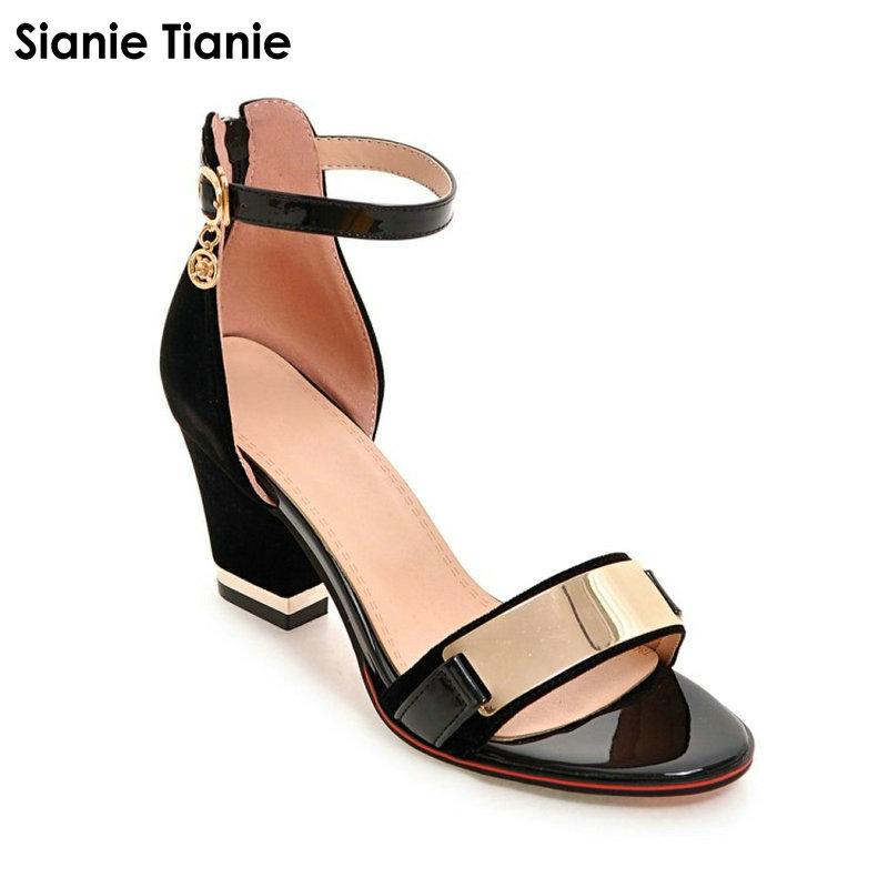 

Sianie Tianie Summer Ankle Wrap Thick High Heels Woman Shoes Fashion Women Sandals With Metal Decoration Plus Size 33-43, Black