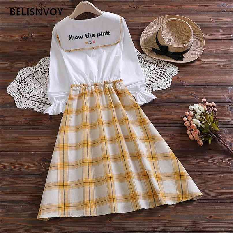 

Japanese Style Spring Autumn School Uniform Girls Plaid Dresses Fake Two Piece Sailor Collar Embroidery Dress For Female 210520, Clear