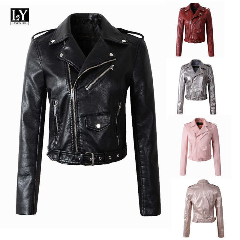 

Ly Varey Lin Women Faux Soft Leather Jacket Pu Motorcycle Red Turn-down Collar Pink Biker Zipper Design Punk Black Coat 210526