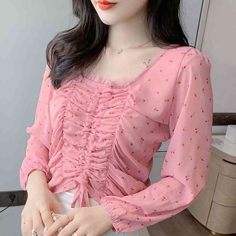 

Blouse Women Women Blouses Long Sleeve Women Shirts Tops Pink Print Chiffon Blouse Shirt Blusa Blusas Camisas Mujer D40 210602