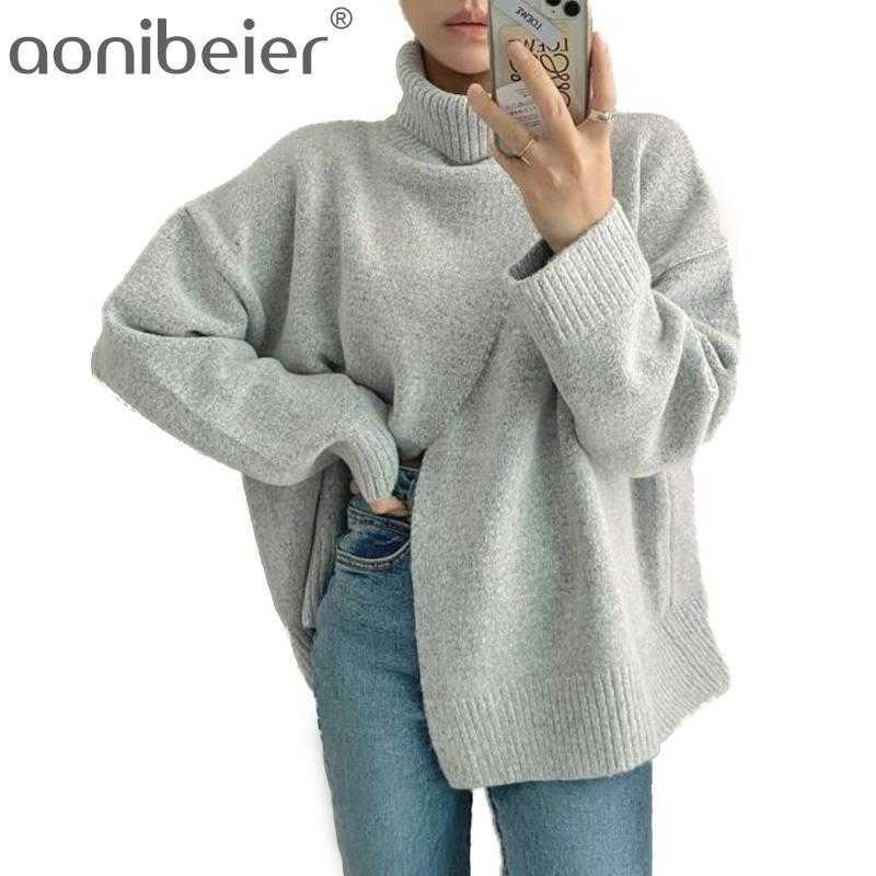 

Winter Loose Turtle Neck Long-sleeved Women Thickened Solid Color Minimalist Split Pullover Knitted Sweater Clothing 210604, White