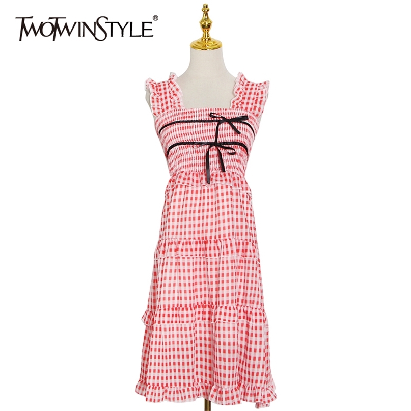 

Plaid Lace Up Bowknot Dress For Women Square Collar Sleeveless High Waist Patchwork Ruffle Dresses Female 210520, Red